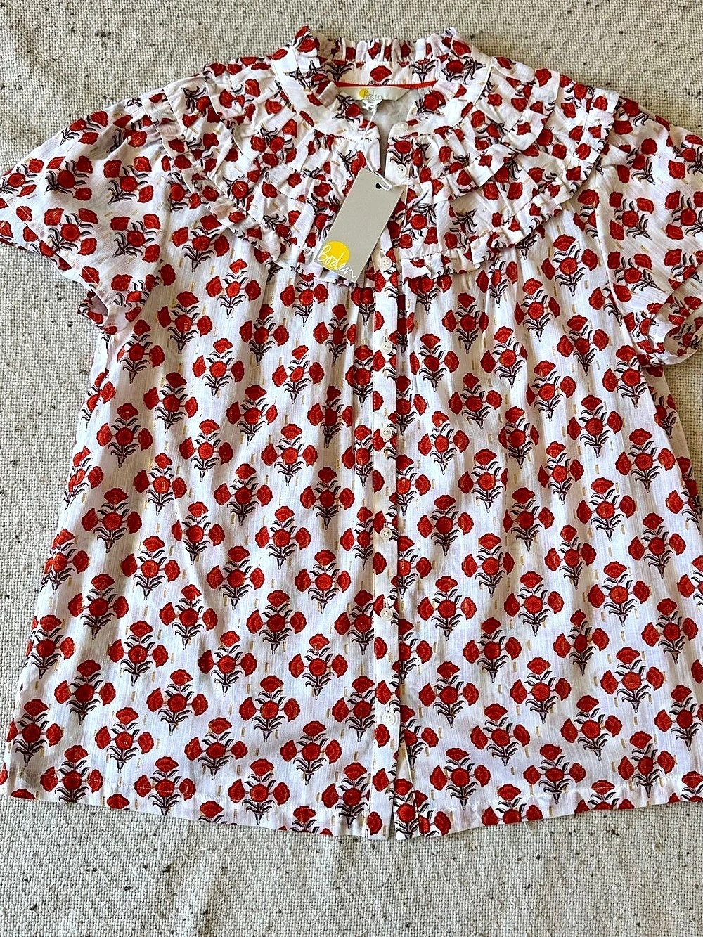 Boden NWT Floral Ruffle Blouse US 6 UK 10 White Red Gold Metallic Cotton